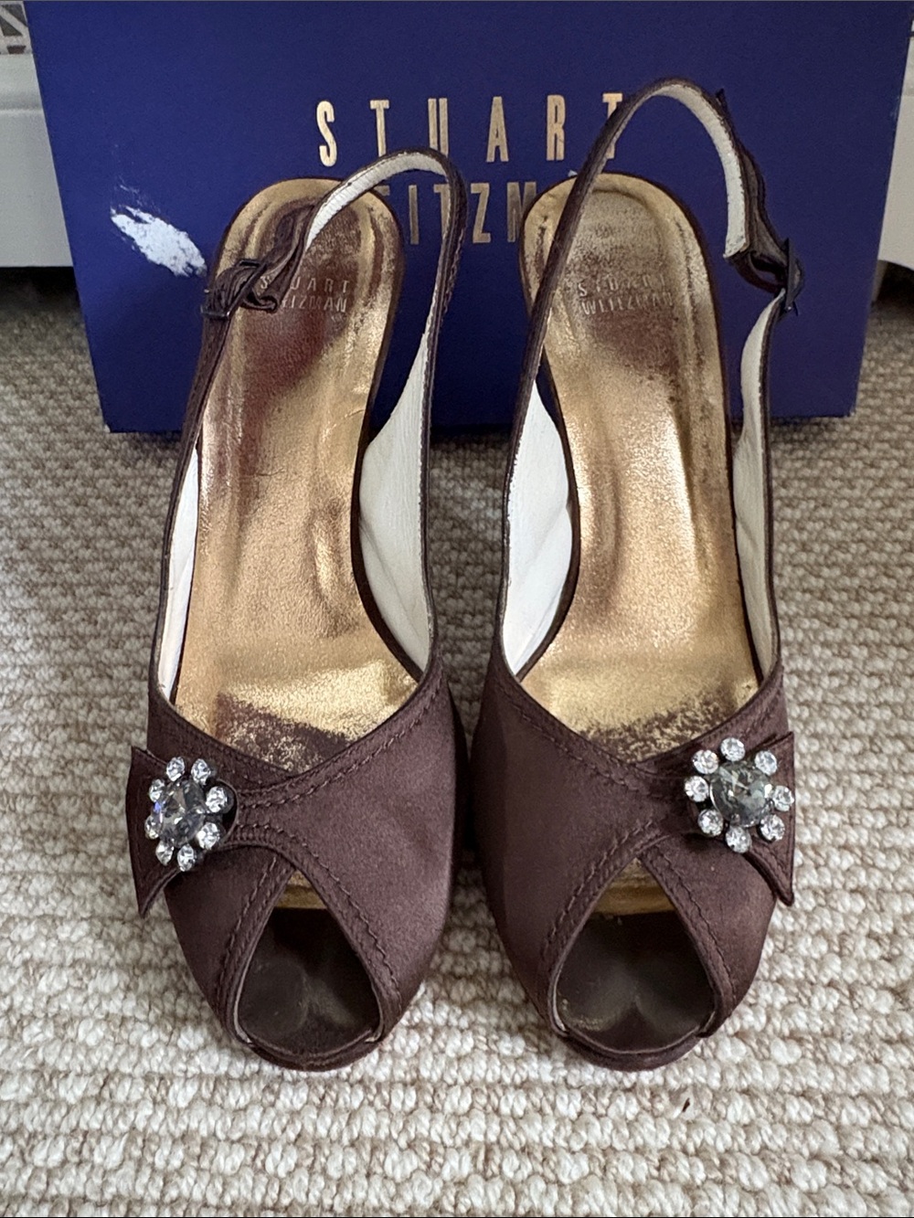Stuart Weitzman Brown Satin Peep-Toe Slingbacks with Crystal buckle Size 9M